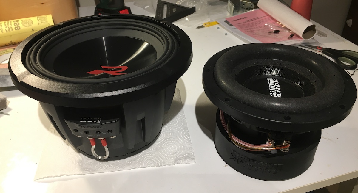 10" and 8" car subwoofer drivers with substantial motor structures.