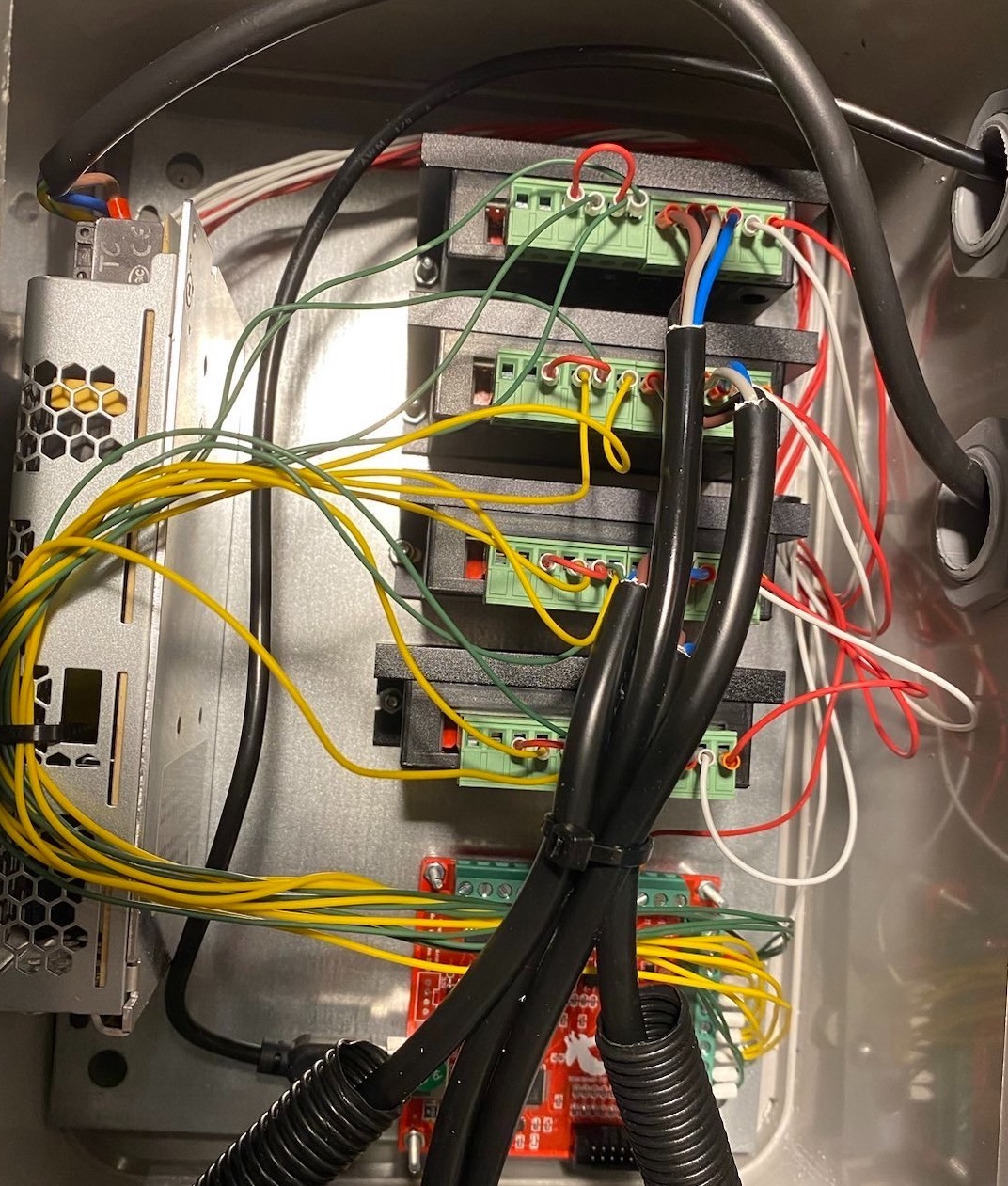 Inside the original cramped CNC router control box.