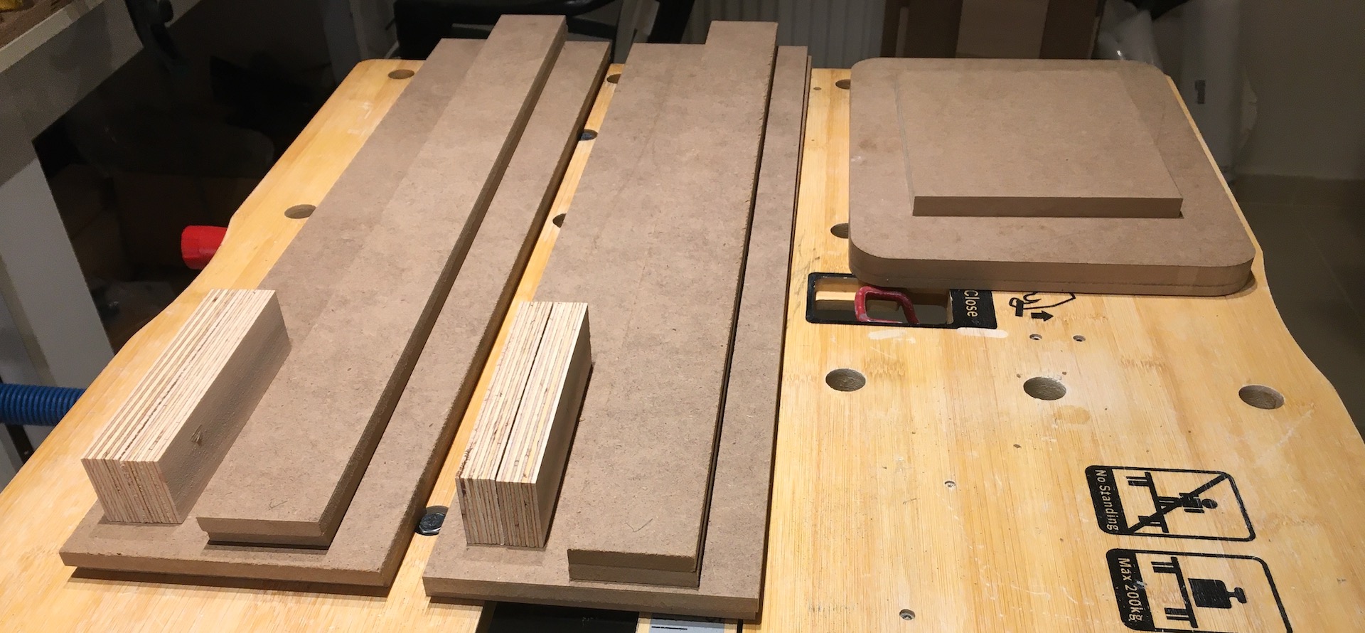 Pieces cut for one speaker stand.