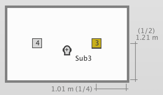 Elevation view of double bass array subwoofer locations for four subwoofers (two against front wall, two against rear wall). For a 4 meter (~13 feet) wide and 2.4 meter (~8 feet) high room.