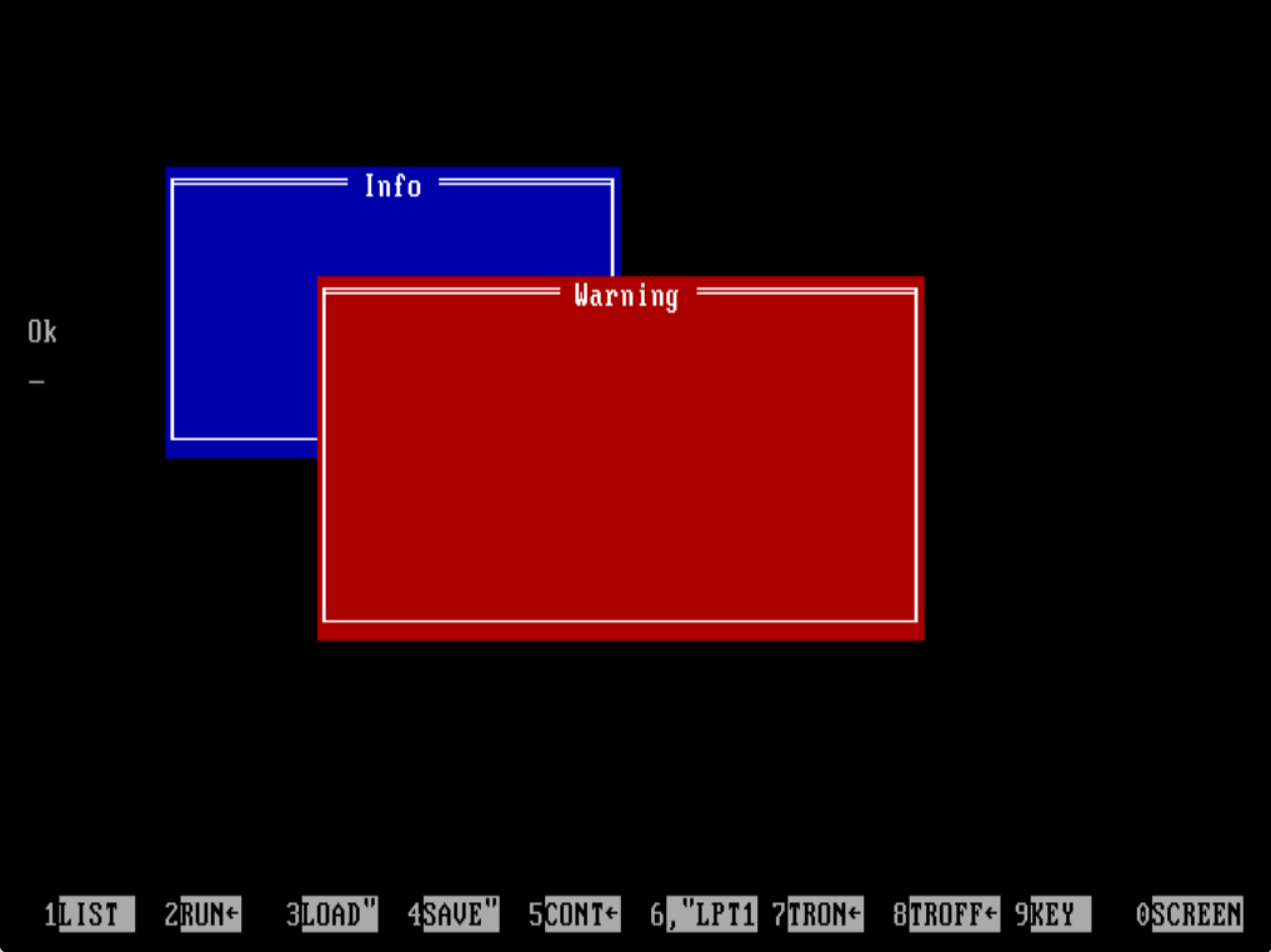 Two text-mode windows drawn on screen by a GW-BASIC subroutine.